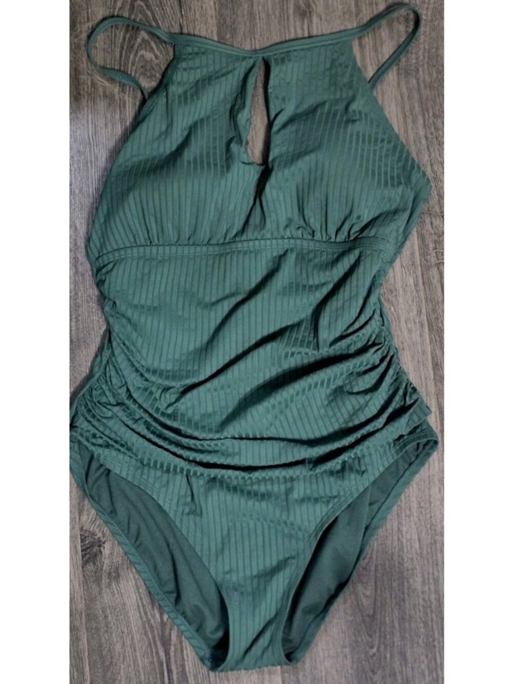 Ellen Tracy Green One-Piece Swimsuit High Neck Keyhole Ruched Women's Size 14